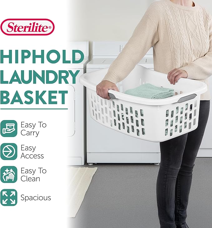 Sterilite 18 Pack HipHold Laundry Basket, Plastic Rectangle Clothes Hamper with Comfort Grip Handles & Reinforced Rim, 1.5 Bushel Capacity, White