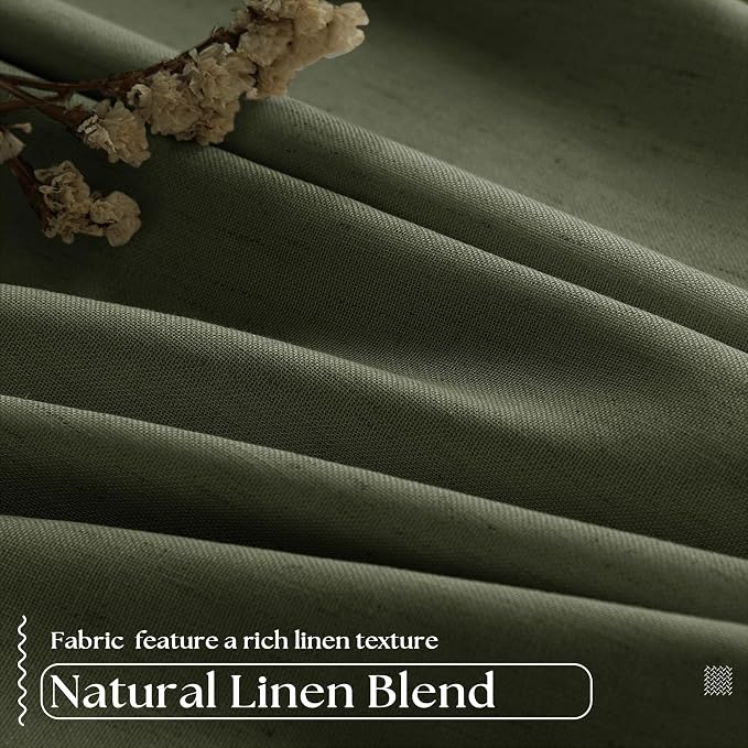 Olive Green Linen 100% Blackout 120 Inch Curtains for Living Room 2 Panels | Pinch Pleated Back Tab Drapes, Thermal Insulated Full Black Out, Farmhouse Boho, W40xL120 Curtains for High Ceiling to Floor