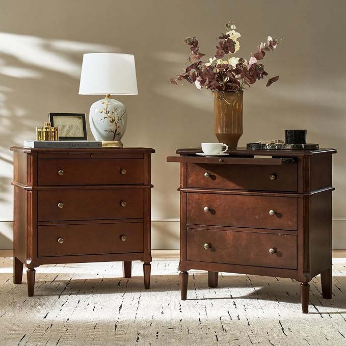 HULALA HOME 30 Inches Side Table with Charging Station, Set of 2, Walnut | Spindle Legs, Hidden Drawer, Pull-Out Tray, Built-In Outlet, Chamfered Edges, Adjustable Feet, Transitional Style