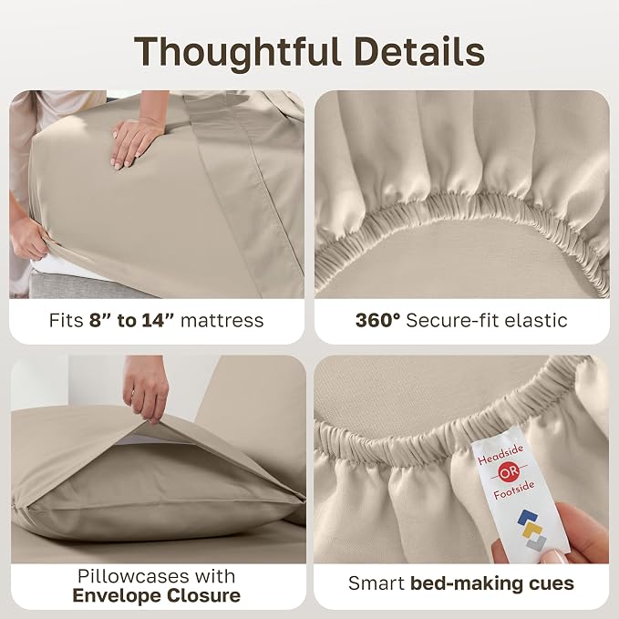 Soft Natural 100% Cotton Sateen King Size Sheets Set - Beige (Warm Taupe) | Backed by Good Housekeeping Seal, Light & Breathable For Hot Sleepers, 14" Deep Pocket, Durable, 4 Pc Set