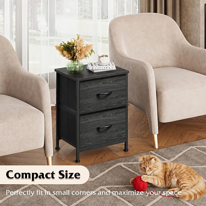 WLIVE Night Stand, Small Dresser with 2 Drawers & Wooden Top, Nightstand with Fabric Bins, Bedside Table End Table for Bedroom, Closet, Entryway, College Dorm, Charcoal Black | Nightstand with Fabric Bins, Bedside Table End Table for Bedroom, Kids Room