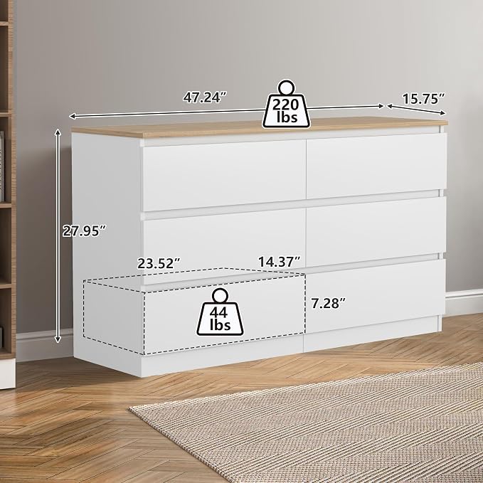 Vibe & Dine White Dresser for Bedroom, Modern 6 Drawer Double Dresser, Wide Chest of Drawers Free Handles for Closet, Living Room, Hallway