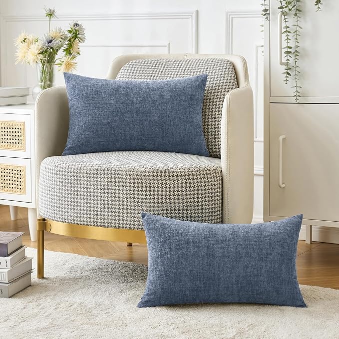 MIULEE Chenille Lumbar Throw Pillow Covers Dark Grey Blue 12x20 Pack of 2 | Soft Modern Coastal Decor, Classic Decorative Pillows, Solid Dyed Cases, Boho Couch Cushion Covers for Sofa Bed Living Room