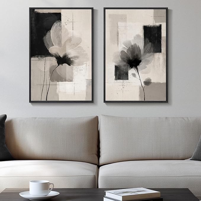 Framed Neutral Abstract Floral Wall Art Decor for Bedroom Set of 2, 16x24 | Flower, Canvas prints, Modern paintings, Black beige, Minimalist pictures, Wood frame, Living room, Dining room wall decor
