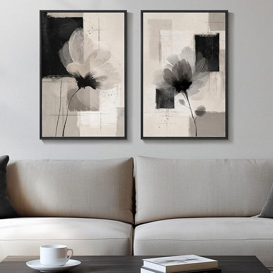 Framed Neutral Abstract Floral Wall Art Decor for Bedroom Set of 2, 16x24 | Flower, Canvas prints, Modern paintings, Black beige, Minimalist pictures, Wood frame, Living room, Dining room wall decor