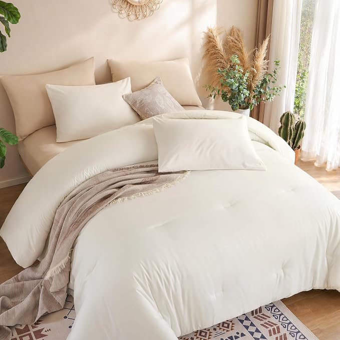 weigelia Cream Comforter Set King Size, All Season Lightweight Bedding Set | Soft Microfiber King Comforter Set, Machine Washable, Solid Color Bed Set (1 Comforter, 2 Pillowcase)