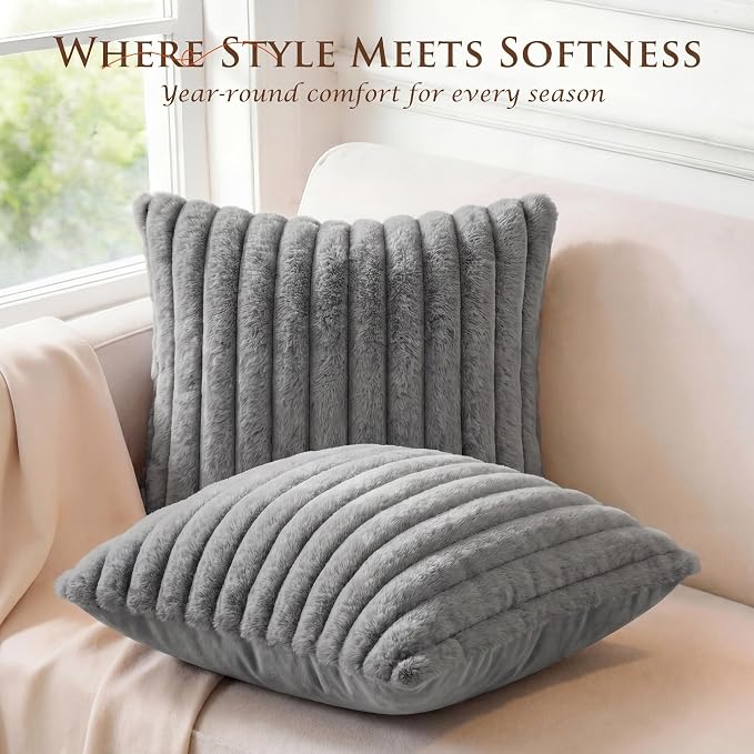 Pack of 2 Throw Pillow Covers 20x20 Decorative Solid Plush Faux Fur with Soft Velvet Back, Square Striped Cushion Cases Modern Farmhouse Home Decor for Living Room Couch Sofa Bed Dark Gray