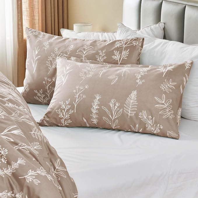 MUXHOMO Duvet Cover Twin/Twin XL Size Set, Reversible Floral Taupe Duvet Cover with Zipper Closure, 2 Pieces Botanical Patterns Soft Bedding Set with 4 Ties (68"x90", 1 Pillow Case)