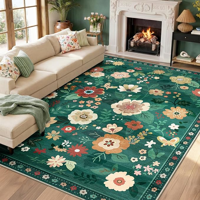 RELEANY Floral Washable 9x12 Area Rugs DarkGreen | Flower Carpet, Print, Boho, Non-Slip, Easy to Clean, Soft, Low Pile for Living Room Bedroom Kitchen Office Entryway Hallway
