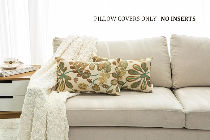 Mika Home Set of 2 Jacquard Tropical Leaf Pattern Oblong Throw Pillow Covers Accent Pillowcase 12X20 Inches,Teal Cream