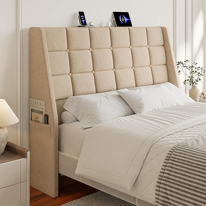 Full Size Headboard with Charging Station, Wingback Ergonomic Headboards | Wingback Upholstered Bed Head Board with Storage Pocket, Sturdy Stable Solid Wood Headboard Only, Bed Frame Adapters, Beige