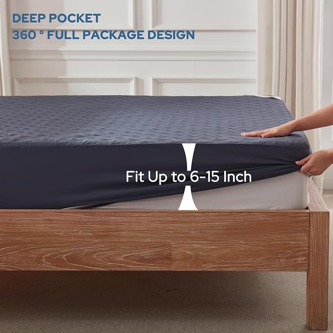 BEDLORE Waterproof Twin Mattress Protector, Deep Pocket Fit, Washable | Soft Noiseless Breathable Bed Mattress Cover Pad, Fits 6-15 Inch Deep Mattresses, Ideal for Home Bedroom, Hotel, Navy Blue