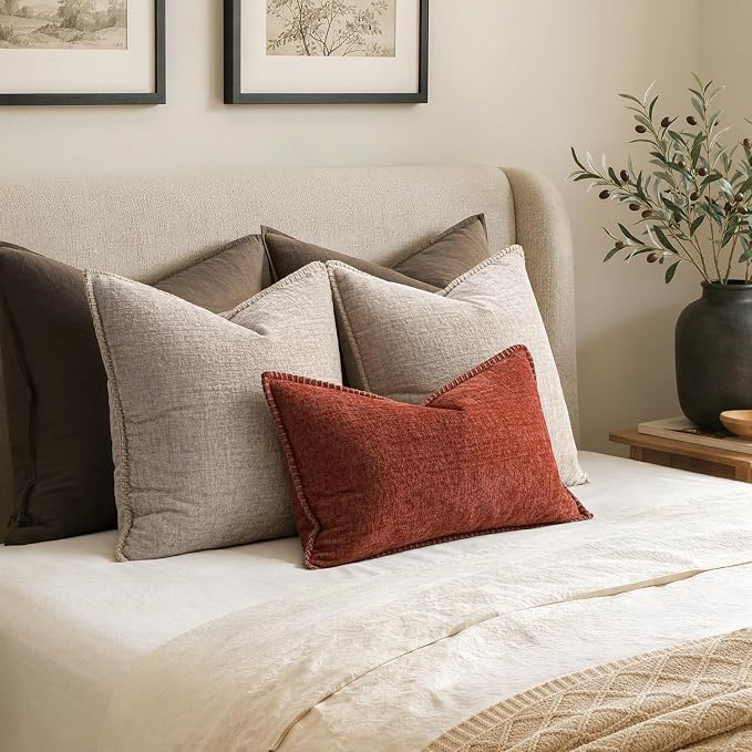 MIULEE Decorative Couch Throw Pillow Covers 20x20 Inch Taupe 2 Pack | Farmhouse Pillow Covers with Stitched Edge, Soft Chenille Cushion Cases, for Sofa Bed Living Room Home Decor