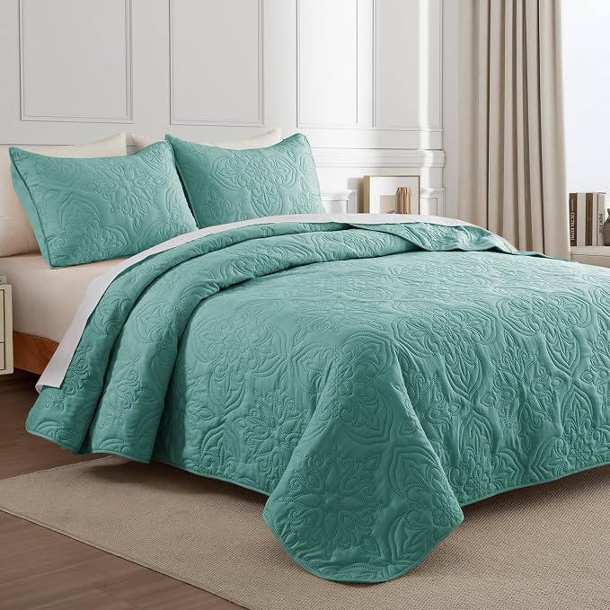Whale Flotilla Queen Quilt Bedding Set Vintage Damask Reversible Bedspread | Suitable for Bed, 3 Pieces Turquoise Green Lightweight Breathable Quilts Queen Size, Ultrasonic Coverlet with 2 Pillow Shams