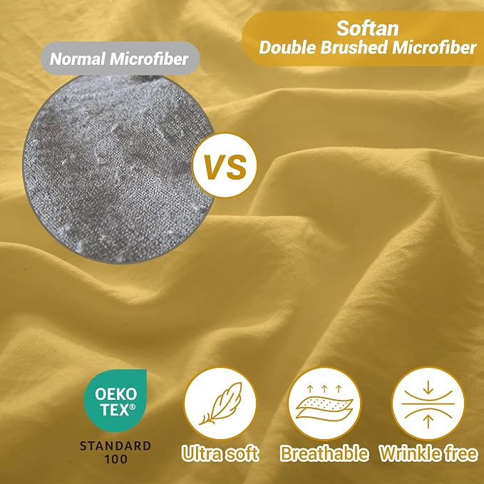 Softan Microfiber Twin Sheet Set with Non-Slip Straps, Mustard Yellow | 15" Deep Pocket Fitted Bed Sheets, Double Brushed Microfiber, Cozy Sheets & Pillowcase for All Season
