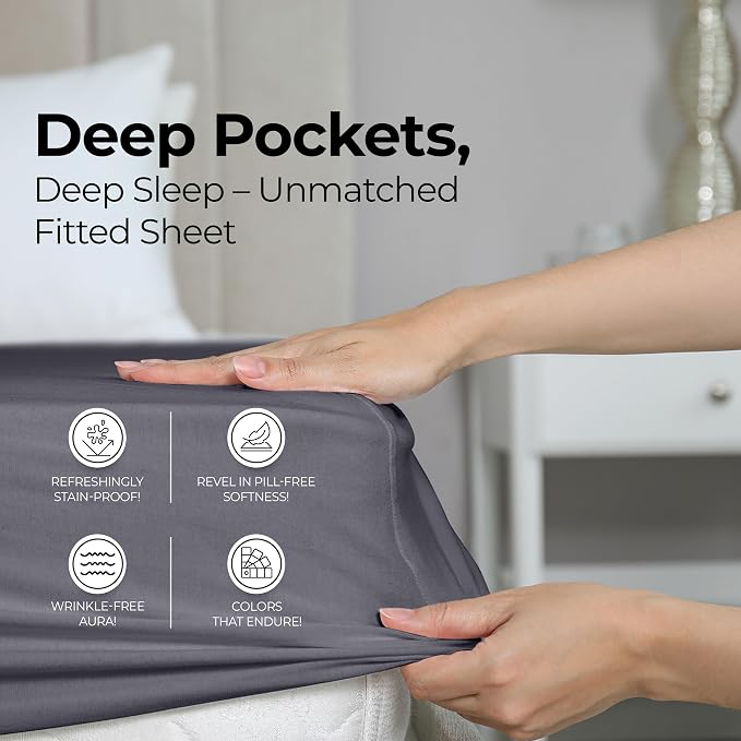 Pack of 2 Full Fitted Sheet, Fits Up to 16 Inch Deep Pocket, Grey | Hotel Comfort, Cooling & Breathable Cotton like Polyester, Easy Fit, Wrinkle & Fade Resistant, Snug Fit, Easy Care, Oeko-Tex