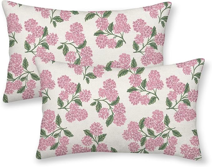 Preppy Pink Pillow Covers 12x20 Inch 2 Pcs Green Hydrangea Flower Decor Throw Pillows Vintage Floral Seasonal Spring Summer Outdoor Decoration Pillowcase Linen Cushion Cover for Couch Sofa