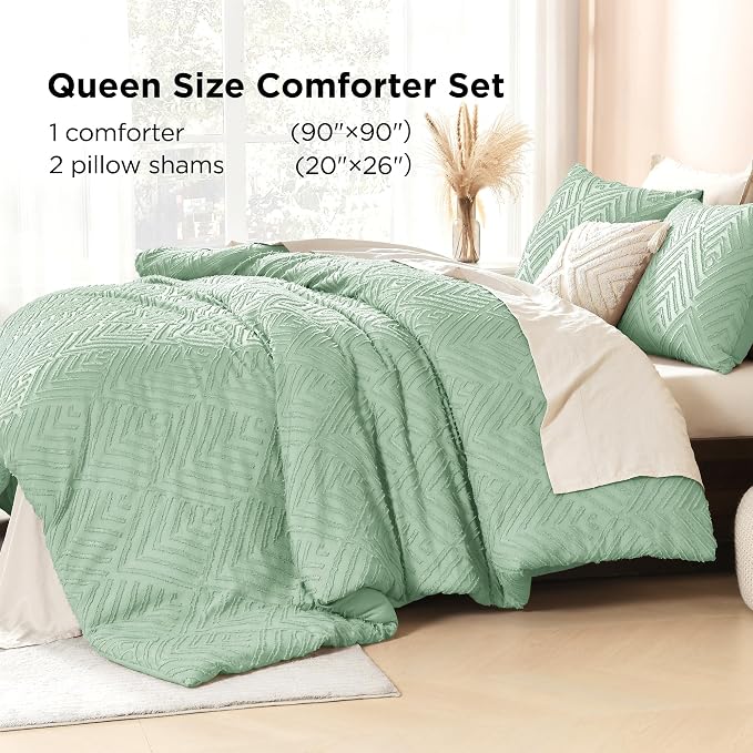Litanika Queen Size Comforter Set, 3 Pieces Tufted Boho Bedding Set | Sage Green Farmhouse Shabby Chic Vintage Bohemian Textured Aesthetic Soft Fluffy Lightweight Breathable All Season Bed Set