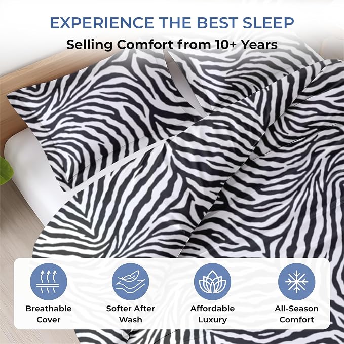 Kotton Culture 3 Pc Duvet Cover Set California King - Cotton - Soft Premium Durable Zebra Animal Print Comforter Cover - Zipper Closure & 7 Corner Ties- (Zebra, 104" X 98")