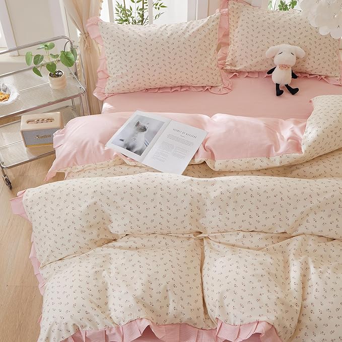 mixinni Pink Floral Duvet Cover Set King Size – 100% Cotton Ruffle Lace Bedding, Romantic Blushing Flower Print, Reversible Striped Pattern, Cottagecore Soft Aesthetic Princess Bedding for Girls