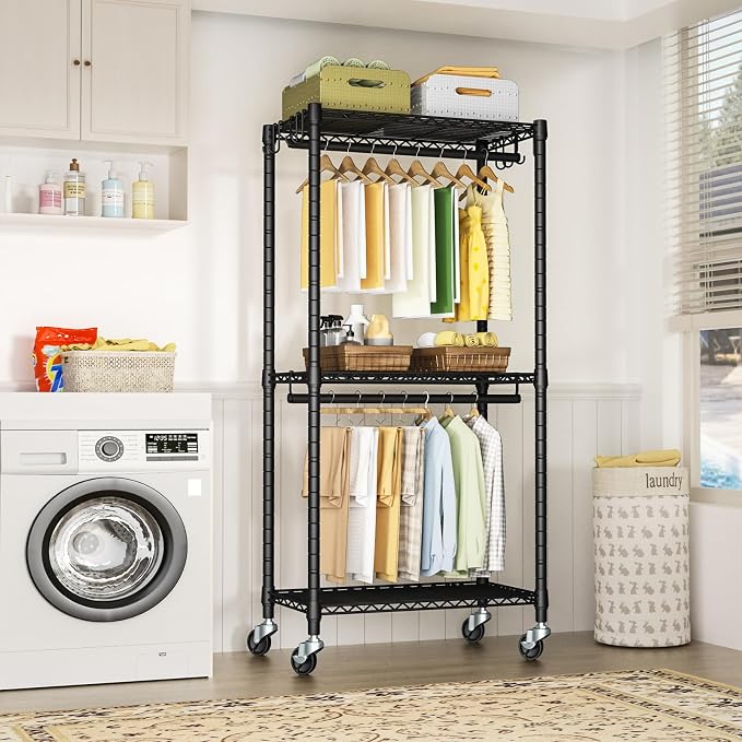 FUTASSI Rolling Clothes Rack, Clothing Racks for Hanging Clothes, Black | P3 Mini Heavy Duty Garment Rack with Wheels, Freestanding Portable Closet Racks 23.6'' W x 14'' D x 78.5'' H, Max Load 430Lbs