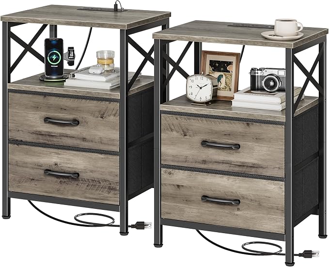 Huuger Nightstand Set of 2 with Charging Station, USB-C Port, End Tables | Night Stand with 2 Drawer Side Table with Open Shelf, Bedside Table for Small Spaces, X Shaped Side Rail, Oak
