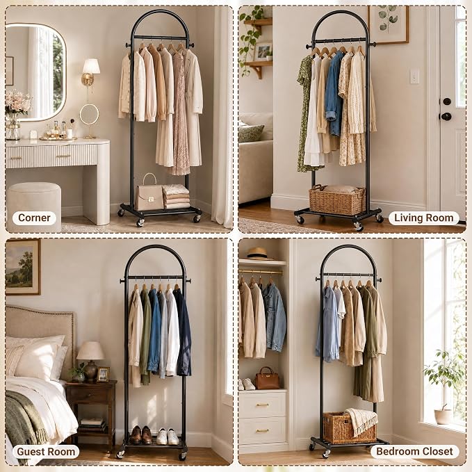 MISSLO 18" Small Clothes Racks for Hanging Clothes Arched Shape Black Clothing Rack with Wheels 70" Metal Rolling Garment Rack with Shelves for Small Space, Bedroom, Laundry, Black