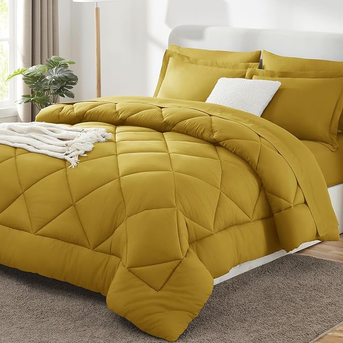 Full Size Comforter Sets Mustard Yellow - 7 Pieces Bed in a Bag | OEKO-TEX Certified, All Season, 240GSM Down-Alternative Comforter, Sheets, Pillowcases & Shams, 14" Deep Pocket, Easy Care