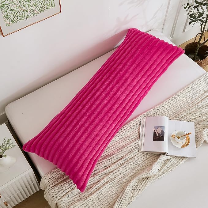 Full Body Pillow with Fluffy Stripe Faux Fur Removable Cover, Long Bed Pillow Adult 20x54 Inches for Side Sleeper and Pregnancy, Hot Pink.