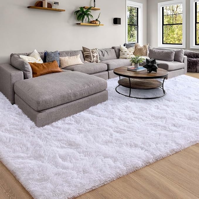 Soft Modern Indoor Large Shaggy Rug for Livingroom Bedroom Dorm Kids Room Home Decor, Non-Slip Plush Fluffy Furry Fur Area Rugs Comfy Nursery Accent Floor Carpet 9x12 Feet, White