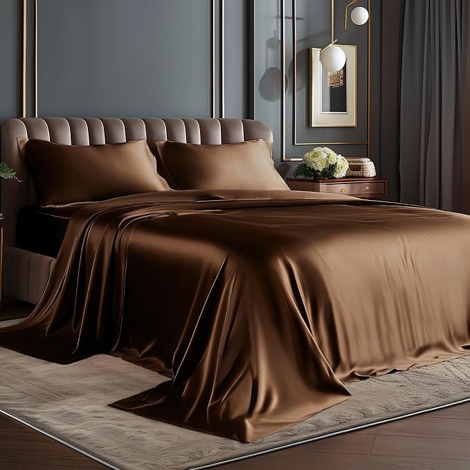 BEDELITE Satin Sheets Queen Size Bed Set, Brown, 4 Pieces | Luxury Silky Bed Sheets, 15 Inch Deep Pocket, Similar to Silk, Soft and Cooling, Reduces Friction, Gentle on Hair and Skin