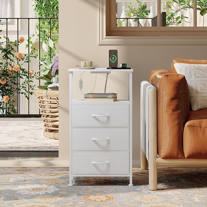 Somdot Nightstands Set of 2 with 3 Drawers, Charging Station & LED Light | Open-Shelf End Tables for Bedside, Small Spaces, Bedroom, Entryway and Hallway, White