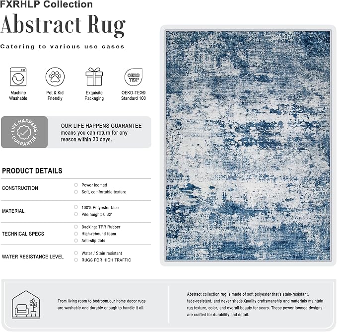 2x3 Washable Entryway Rug: Modern Abstract Indoor Soft Carpet Blue | For Entrance, Bedroom, Kitchen, Laundry, Bathroom,Door Mat,Modern Abstract,Machine washable,Non-Slip,Stain Resistant,Indoor