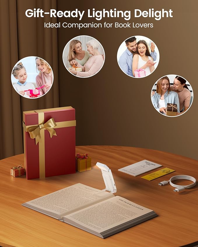 Glocusent Eye-Caring 12 LED Book Light, Compact Rechargeable Reading Light | Wide Full-Page Lighting, 5 Colors & 5 Brightness, Eye-Caring Bed Reading, Up to 100Hrs, Book Lovers, USB-C Rechargeable