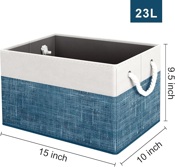Storage Bins 2-Pack, Foldable Storage Baskets for Organizing Toys, Books, Shelves, Closet, Large Storage Box with Rope Handles, Sturdy Organizer Bins, White & Blue