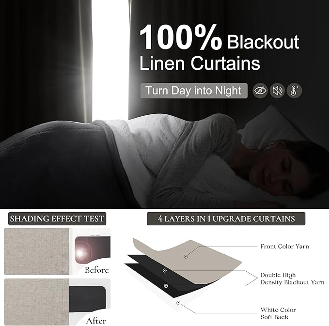 Grayish Flax Linen Blend Black Out Curtains 95 Inch Long for Living Room 2 Panels Set, Elegant Room Darkening Insulated Boho Window Drapes Bedroom Floor to Ceiling Traverse Track Light Tan(50"Wx95"L)