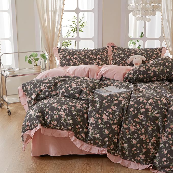 mixinni Vintage Floral Duvet Cover Set Twin XL Size – 100% Cotton Ruffle Lace Bedding, Pink Rose Flower and Green Leaf Print, Reversible Stripes Pattern, Grandmillennial Cottagecore Aesthetic 3Pcs