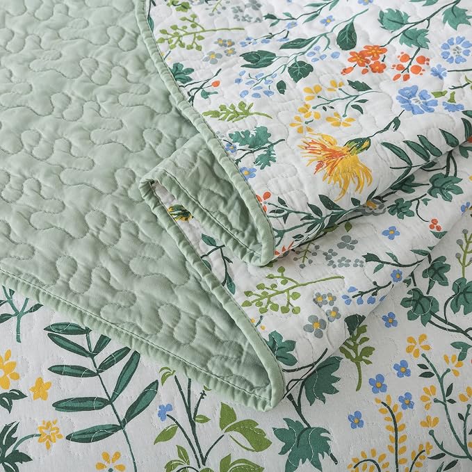 Cotton Bedspread Quilt Sets-Reversible Patchwork Coverlet Set, Green Classic Floral Pattern, Queen Size