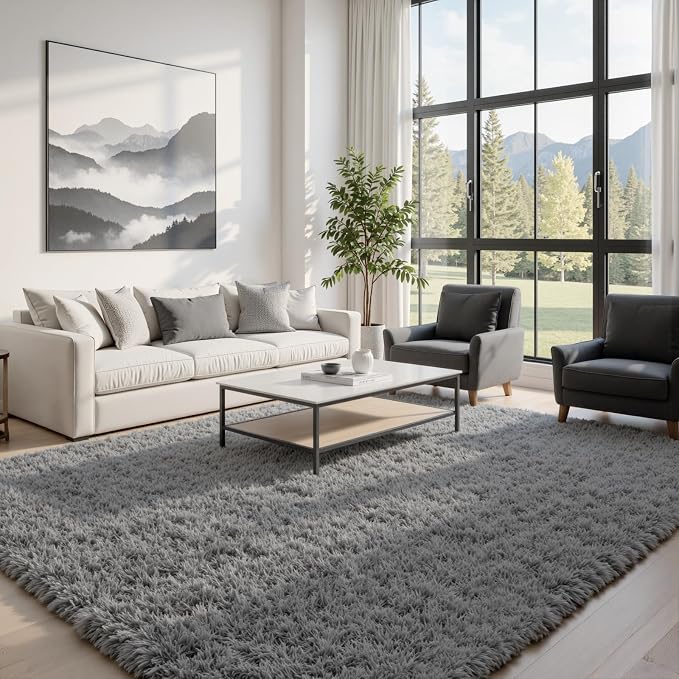 5x8 Fluffy Shag Area Rugs for Living Room Bedroom: Soft Carpet Light Gray | Upgraded Non-Slip Thick Memory Foam, Ultra Soft, Non-Shedding Fuzzy Carpet, Easy Clean Decor for Kids Room, Nursery, Playroom