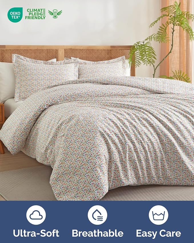 Duvet Cover Cal King - Floral Duvet Cover - 3 Piece - Spring Garden | Soft Floral Duvet Cover 104 x 98 with 2 Pillow Shams, Zipper Closures & Ties, Floral Bedding for Women, Men, Kids & Teens
