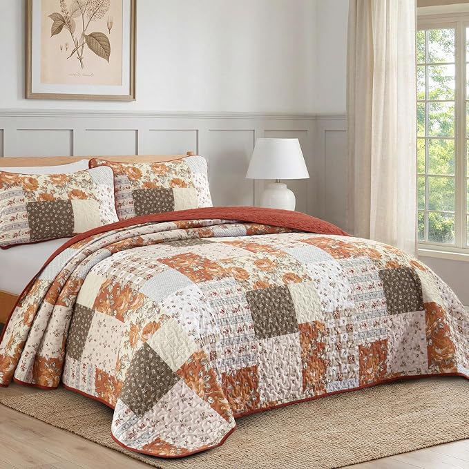 Floral Patchwork Quilt Set King Size, Terracotta Fall Bedspread Coverlet | Autumn Farmhouse Plaid Bedding Set 3 Pcs, Soft Lightweight Bed Cover for All Season, 110''x90''
