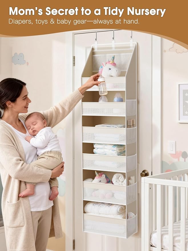 Over the Door Organizer, 6-Shelf Closet Hanging Storage with 13 Mesh Pockets, 55lbs Capacity Behind the Door Storage for Baby Nursery, Bathroom, Bedroom, and Dorm, Beige