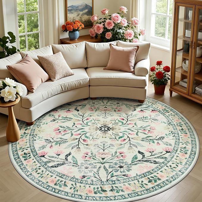 PLHXFR Round Area Rug Living Room: 8 ft Floral Washable Carpet Green Beige | For Bedroom Dining Room Farmhouse Nursery Hallway,Vintage Floral,Machine washable,Non Slip,Stain Resistant,Large Indoor