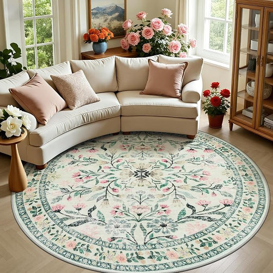 PLHXFR Round Area Rug Living Room: 8 ft Floral Washable Carpet Green Beige | For Bedroom Dining Room Farmhouse Nursery Hallway,Vintage Floral,Machine washable,Non Slip,Stain Resistant,Large Indoor