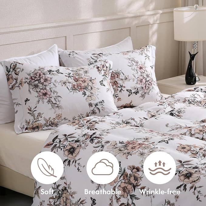 LONAVA King Floral 3 Pcs Duvet Cover Set, Breathable Soft Microfiber Light Grey Lining Comforter Cover with Zipper Closure, and 2 Anti-Pilling, Fade Resistant Pillowcases, Withered Flowers