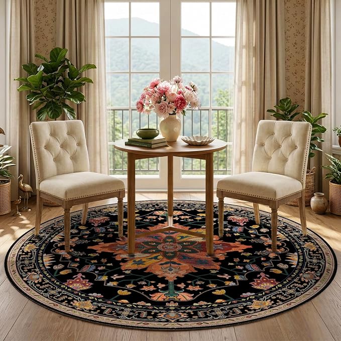 RELEANY Washable Area Rug, Round 5ft, Black/Colorful | Non-Slip, Water Repellent, Pet Friendly, Easy to Clean, Vintage Floral Boho Decor for Living Room Bedroom Dining Room