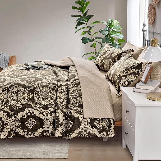 WONGS BEDDING 7 Pieces Comforter Set King Size,Damask Texture Design Bed in a Bag Bedding Sets,Brown Soft Lightweight Microfiber Bedding Set for All Season