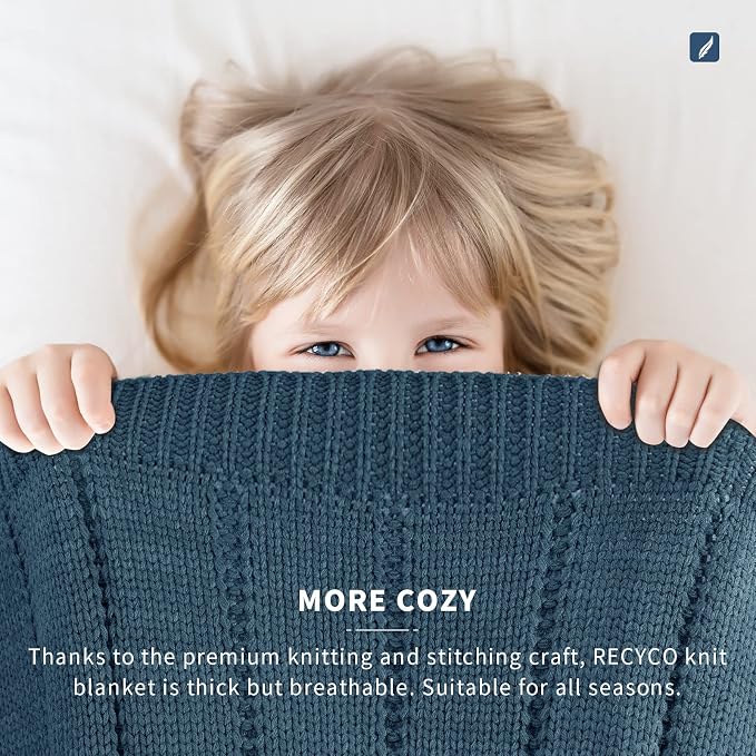 RECYCO Cable Knit Throw Blanket, Navy Blue, 60"x80" | 3.6LB, Soft Lightweight Warmth Layer, Breathable All Season Use, Decorative Home Accent, for Couch, Bed, Sofa