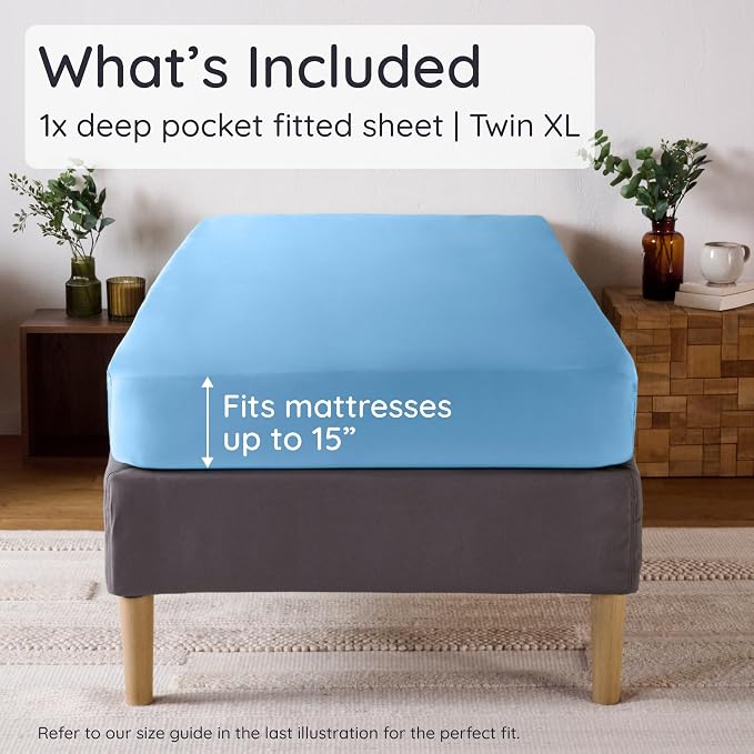 Bambaw 100% Viscose Derived from Bamboo Fitted Sheet Twin XL – Single Fitted Sheet with Straps, Cooling, Smooth & Breathable, Deep Pocket Fits Up to 15" Mattresses, Stays Secure (Dream Blue)