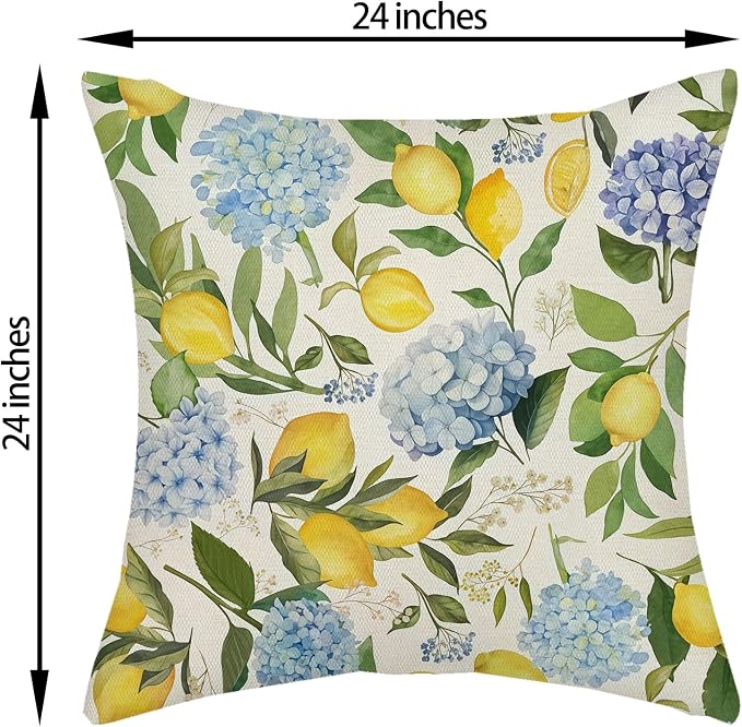 Blue Yellow Pillow Covers 24x24 Inch 2 Pcs Blue Hydrangea Floral Decor Throw Pillows Vintage Lemon Flower Seasonal Summer Outdoor Decoration Pillowcase Linen Cushion Cover for Couch Sofa